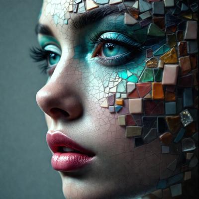 The primary subject of the image is a woman with a unique and artistic appearance. She has a mosaic-like design on her face, which adds a creative and visually striking element to her look. The setting is a dark background, which further emphasizes the woman's features and the intricate design on her face. The visual style of the image is a combination of photo and digital art, creating a striking and memorable portrait. The colors and mood of the image are predominantly dark, with the woman'